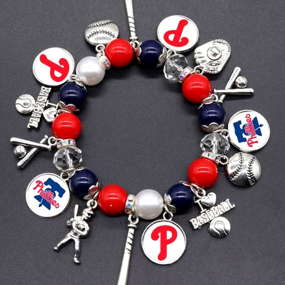 Philadelphia Phillies Charm Bracelet, Beaded Bracelet, Charms Bracelet, Baseball